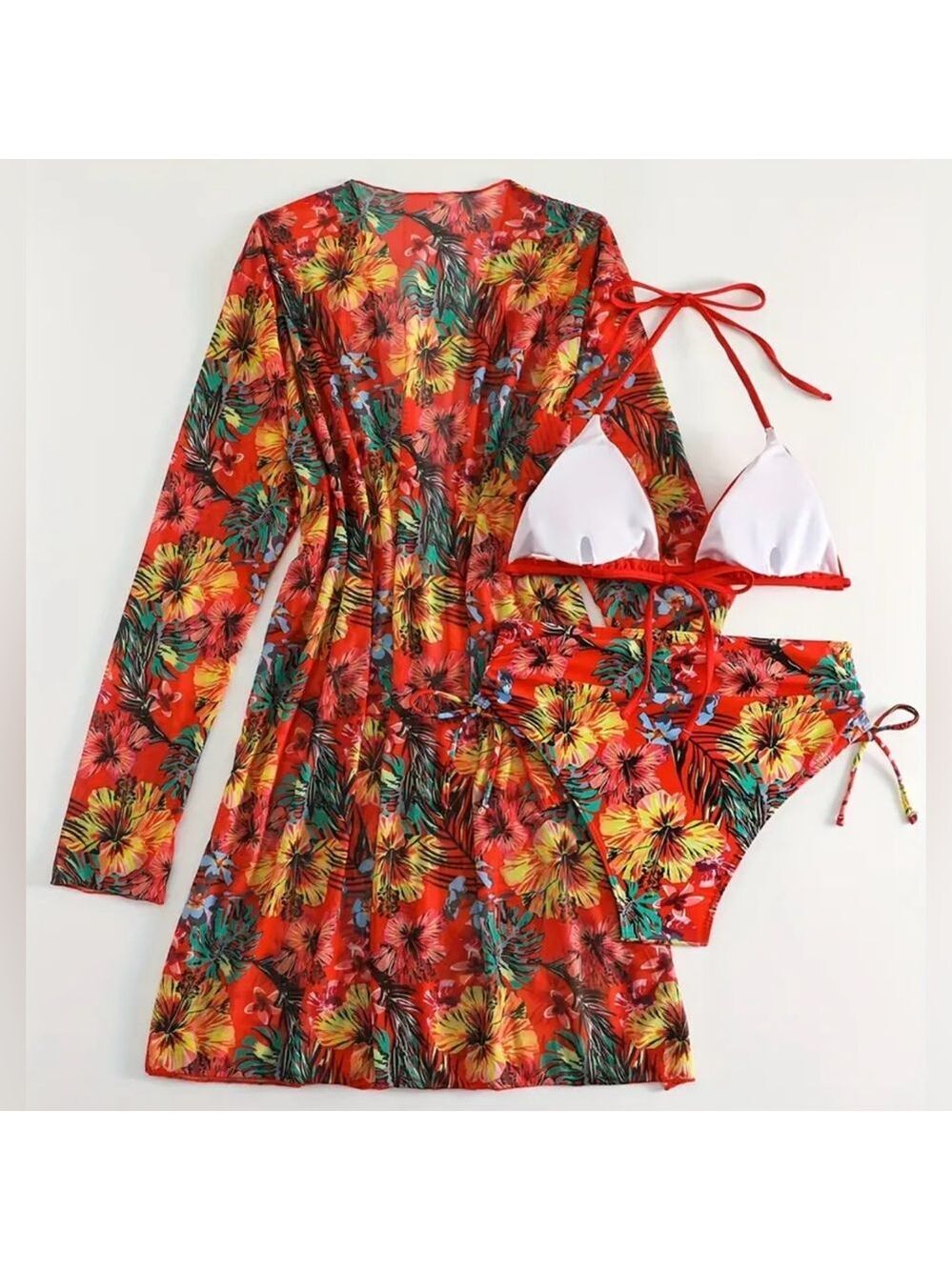 3pc Tropical Print High Waist Bikini Set with Kimono Cover Up - Picture 6 of 9